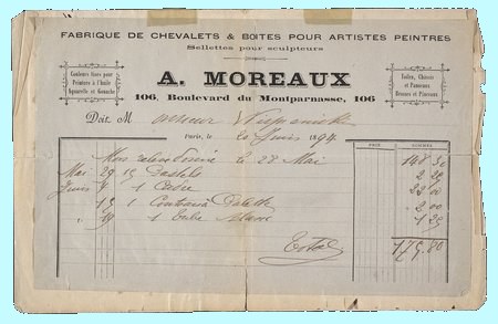 Rachunek z firmy„Fabriquedechevalets&BoitespourartistesPeintres A. Moreau” za zakup materiałów malarskich z dn. 20.VI.1894