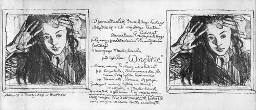 AfisznaodczytStanisławaPrzybyszewskiego,połączonyz przedstawieniem Maurycego Maeterlincka Wnętrze (Dziewczynka za oknem), 1899